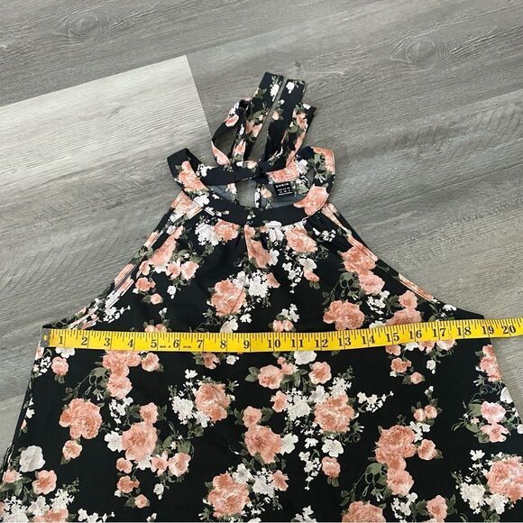 Floral Sleeveless Blouse Pink Flowers Black Medium Keyhole Back Tie - Picture 9 of 12